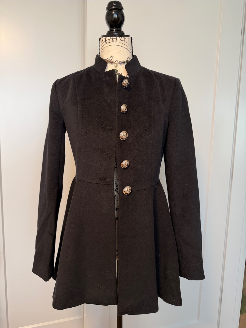Venus Peplum Botton Single Breasted Black Midi Coat